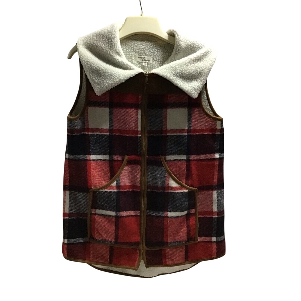 Million‎ Bullpup Juniors Vest Red plaid SherpaLine w/suede Full Zip Size Medium